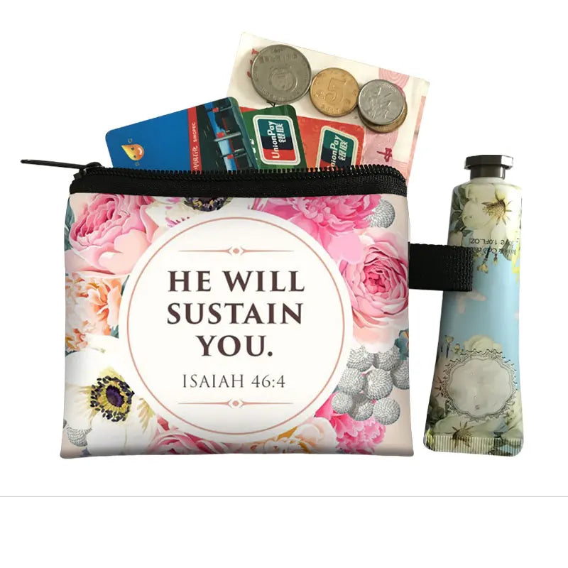 Christian Bible Verse Coin Purse Women Wallet the Lord Sustains Me Money Bag Small Handbag Floral Purses ID Credit Card Holder