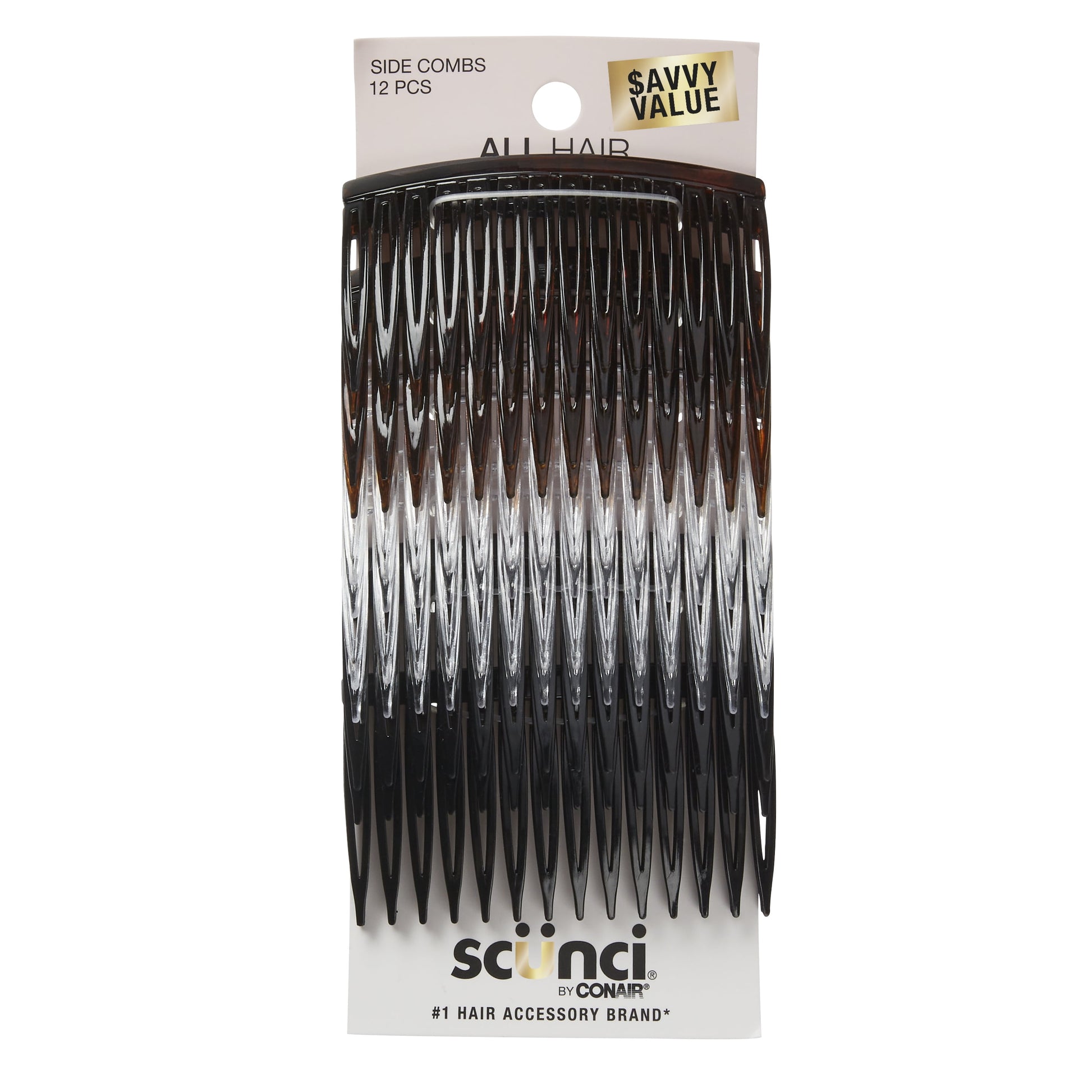 Plastic Side Hair Combs, Black, Clear, and Tortoise Shell, 12 Ct