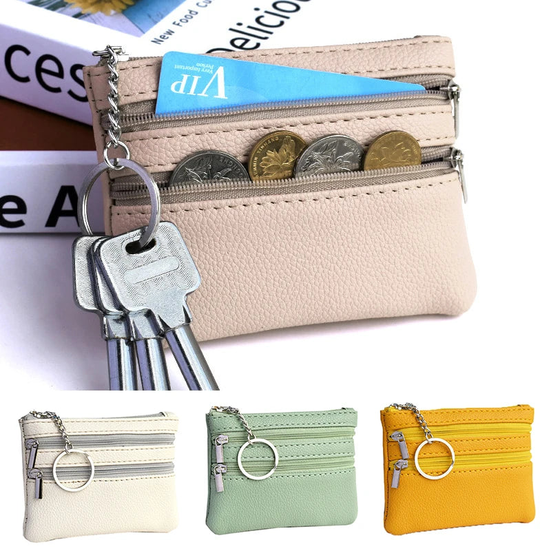 Various Styles Leather Women'S Wallet Purse Two/Three Zippers Coin Purse Coin Wallet Keychain Card Cash Holder Change Purse 2023