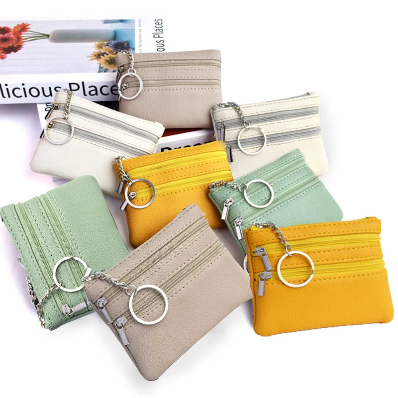 Various Styles Leather Women'S Wallet Purse Two/Three Zippers Coin Purse Coin Wallet Keychain Card Cash Holder Change Purse 2023